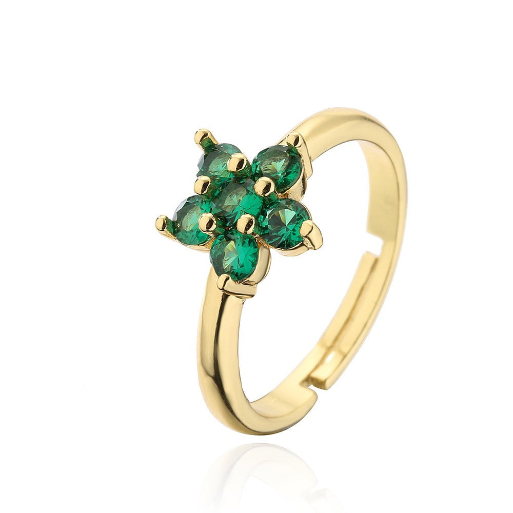 Geometric Floral Open Ring for Women in Copper with 18K Gold Plating and Zircon Inlay