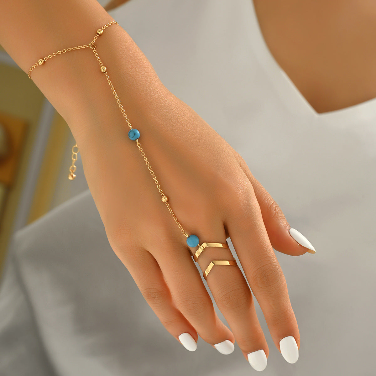 Set bracciale e anello in lega di zinco con intarsi turchesi stile geometrico da donna con lavorazione artigianale di perline