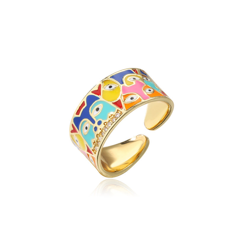 Fashion Geometric Gold Plated Drip Oil Cubic Zirconia Eye Ring for Women