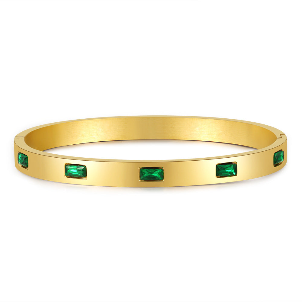 Vintage Geometric Titanium Steel Cuff Bracelet with Green Cubic Zirconia Inlay for Women