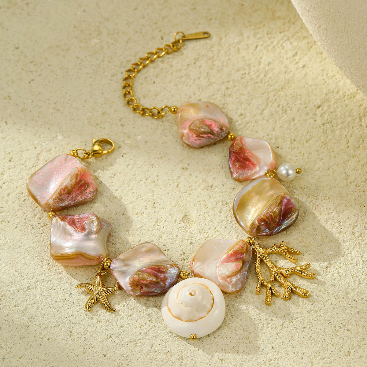 18K Gold Plated Stainless Steel Beach Style Shell Coral Bracelet for Women