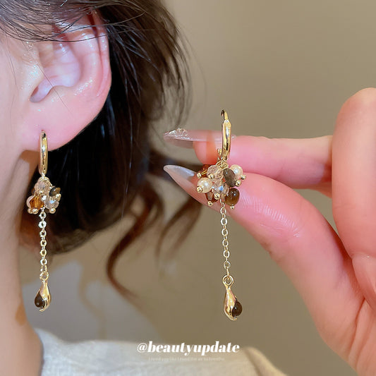 Maillard Style Tassel Pearl Stud Earrings with Geometric Shape and Gold Plated Steel Posts for Women