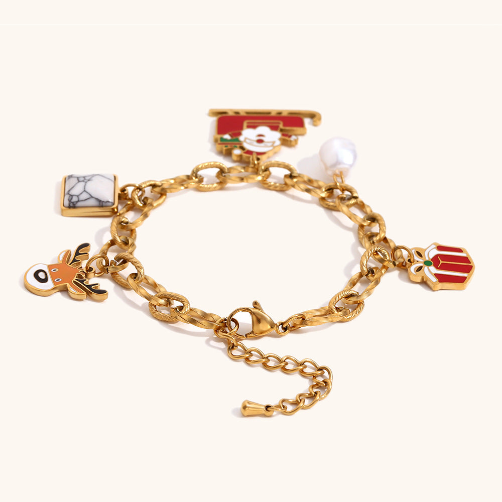 Pulsera de moda con colgante de Papá Noel para mujer, de acero inoxidable con chapado en oro de 18 quilates, diseño de eslabones hecha a mano