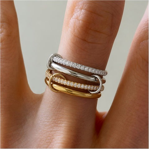 18K Gold Plated Stainless Steel Geometric Ring with Cubic Zirconia Inlay for Women