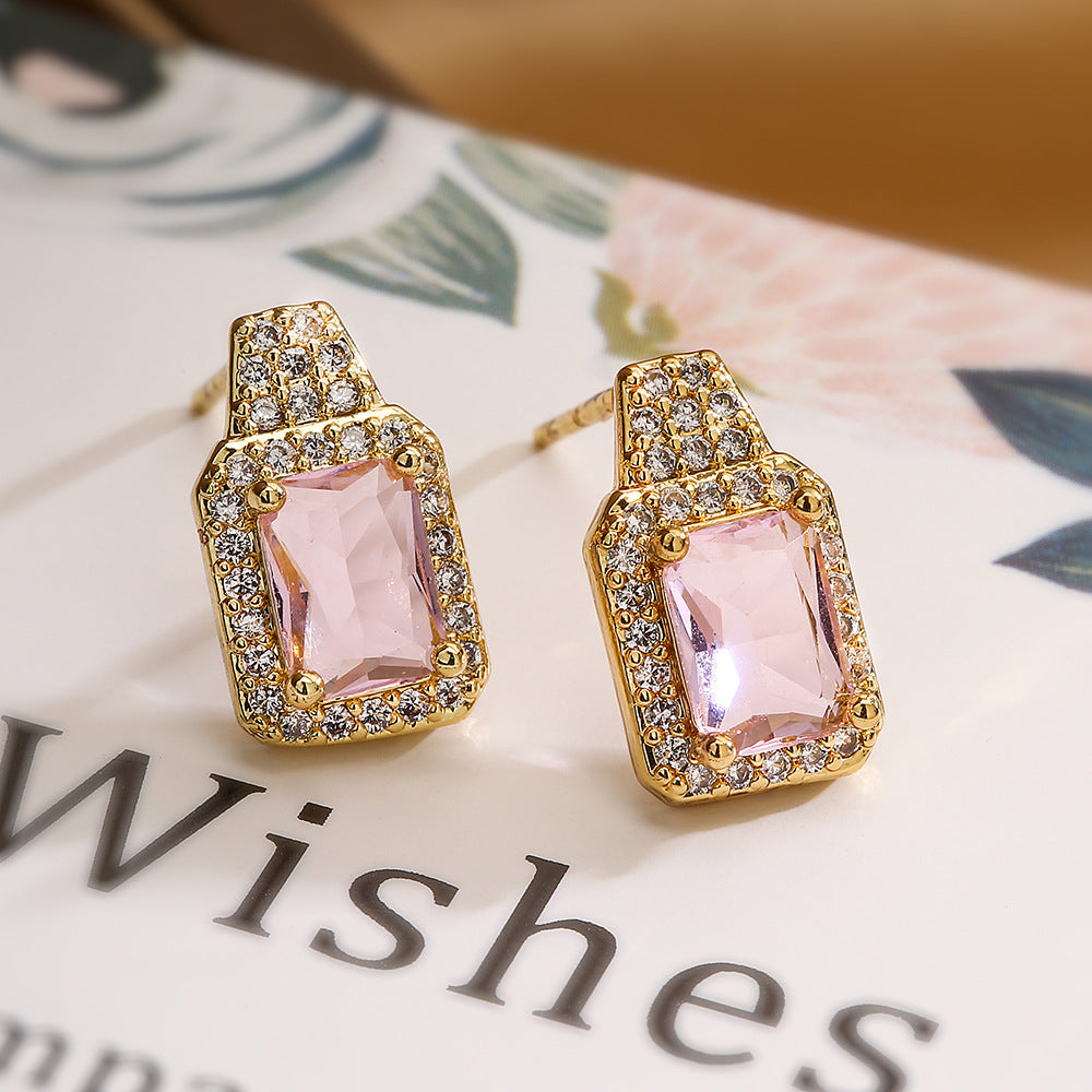 Minimalist Square Zircon Stud Earrings for Women in Copper with Gold Plating and Micro-Pave Setting