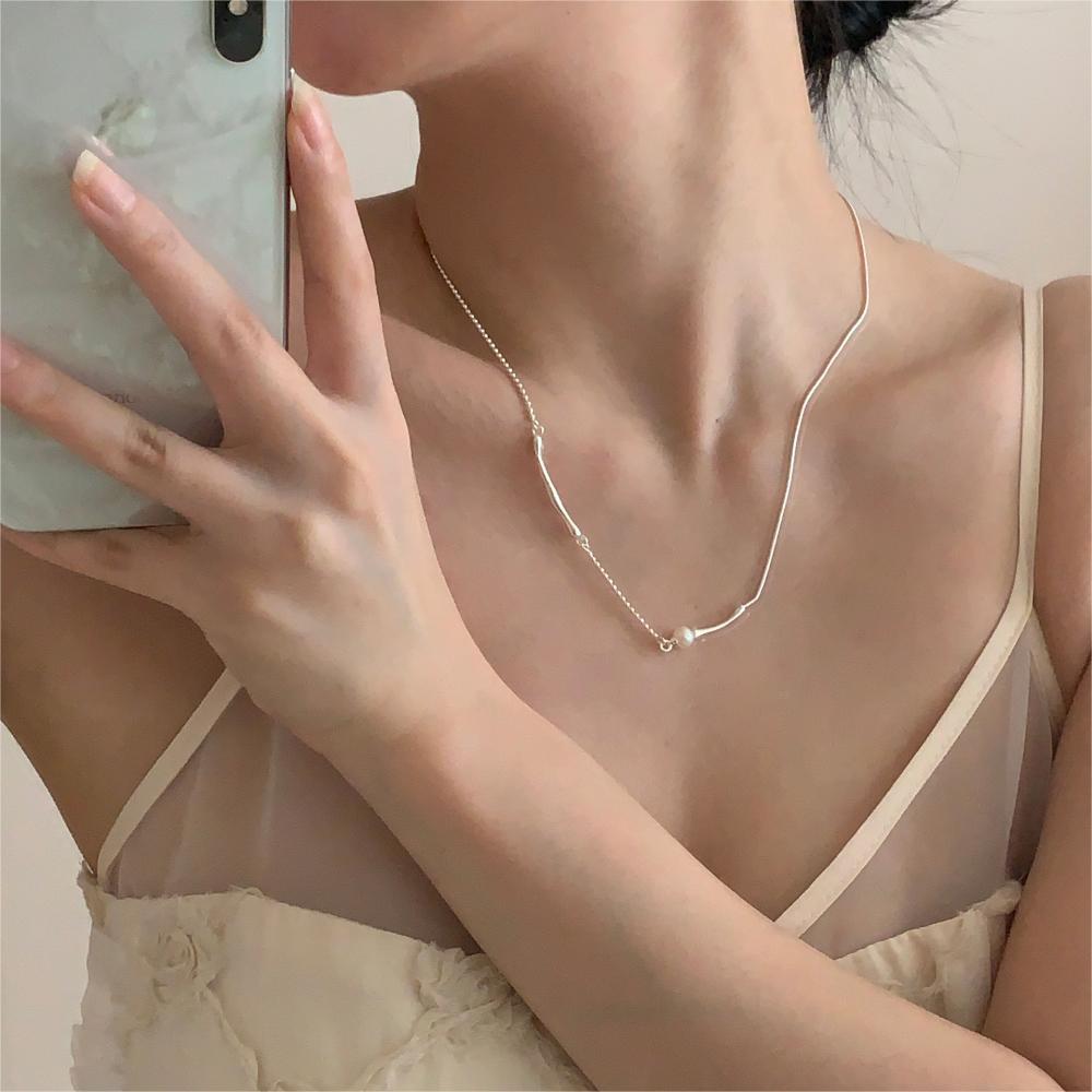 Minimalist Geometric Pearl Necklace in 925 Sterling Silver with Plated Finish on Snake Chain