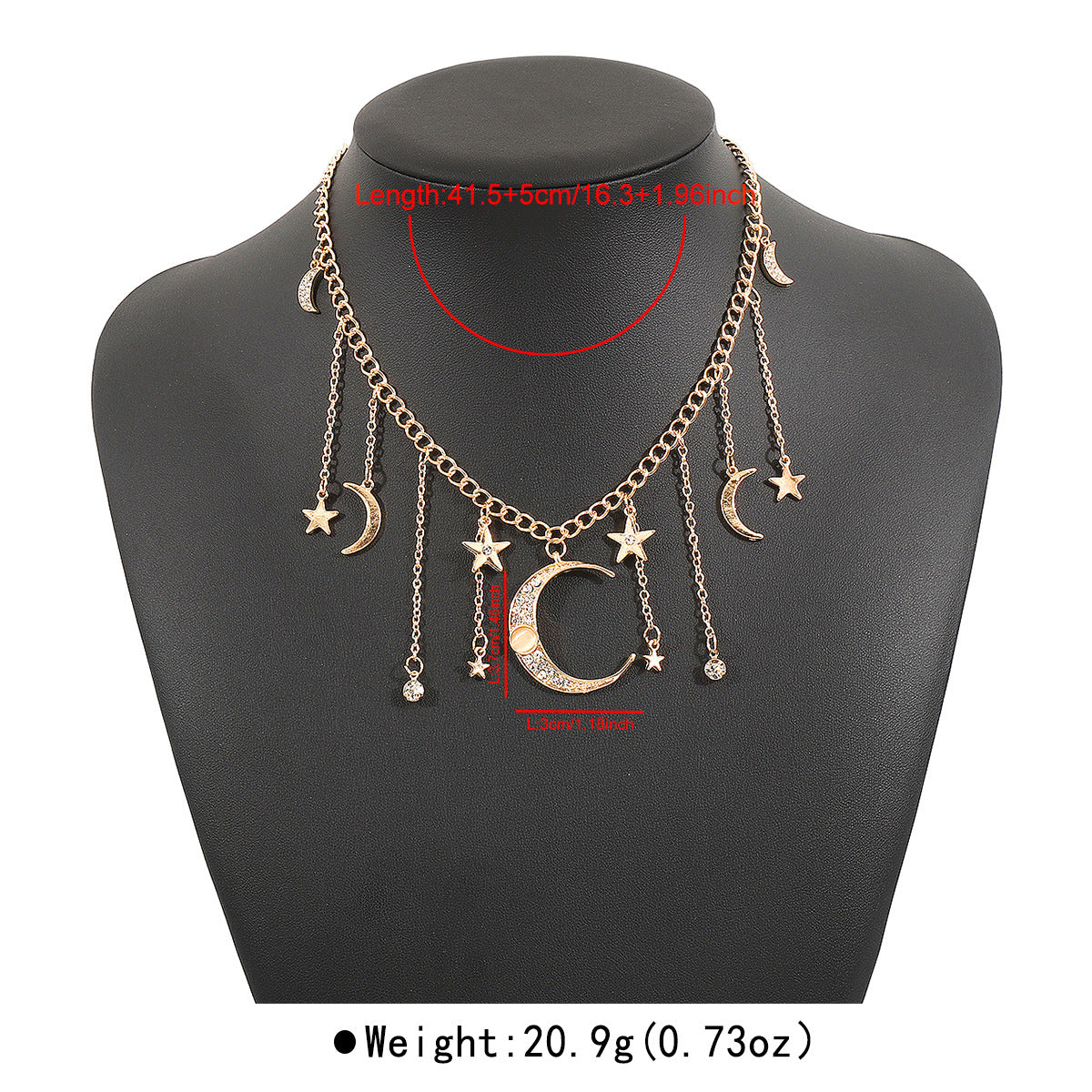 Collar con colgante de estrella y luna creciente dulce y atrevido para mujer con incrustaciones de diamantes de imitación y acabado galvanizado en cadena ondulada
