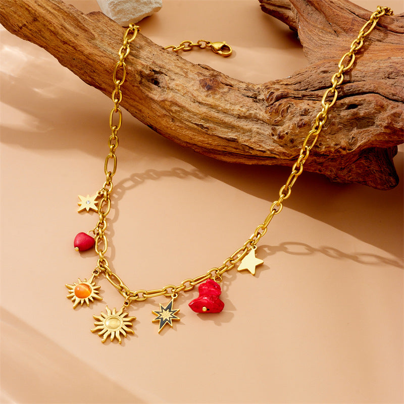 Vintage Double Layer Stainless Steel Necklace with Rhinestone and Drip Oil Cherry Heart Star Charms