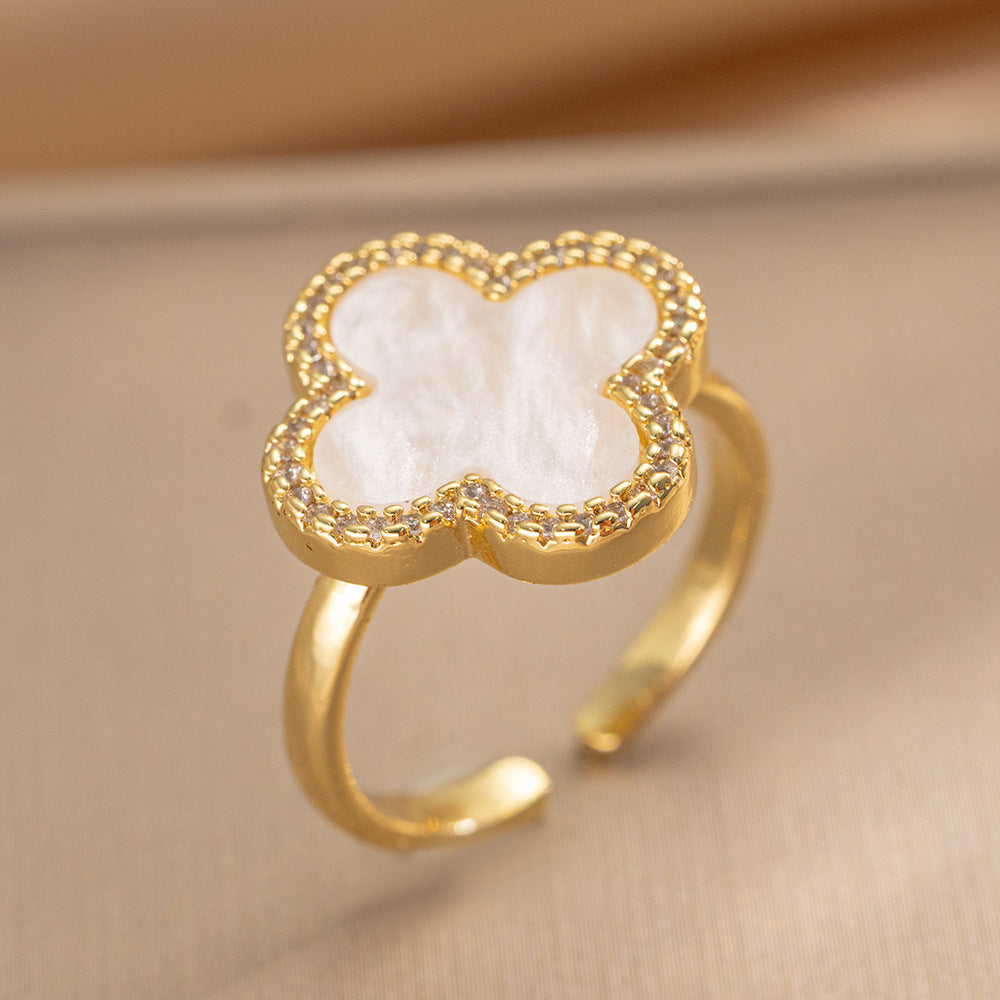 Luxury Minimalist Adjustable Open Ring for Women with Gold-Plated Copper Band and Zircon Stone Accent in Heart and Floral Shape