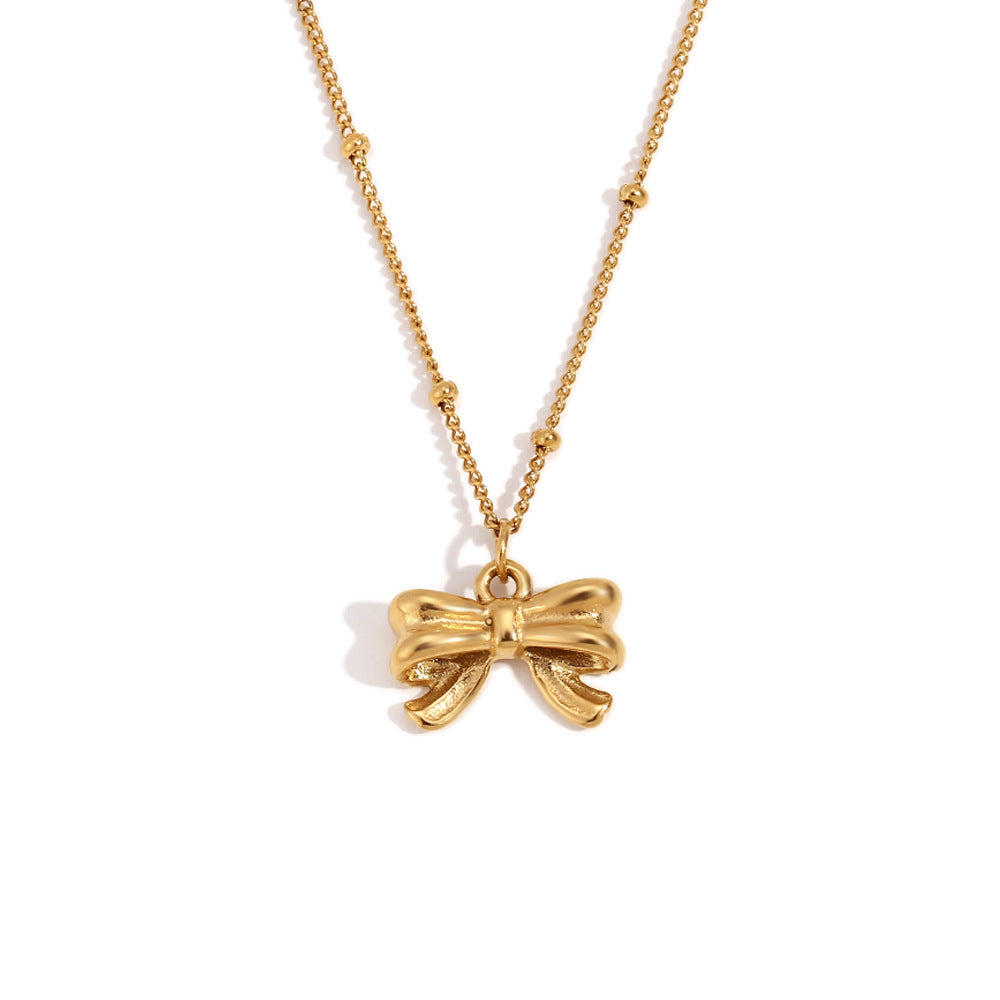 Minimalist Bow-Shaped Stainless Steel Necklace with 18K Gold Plating for Women