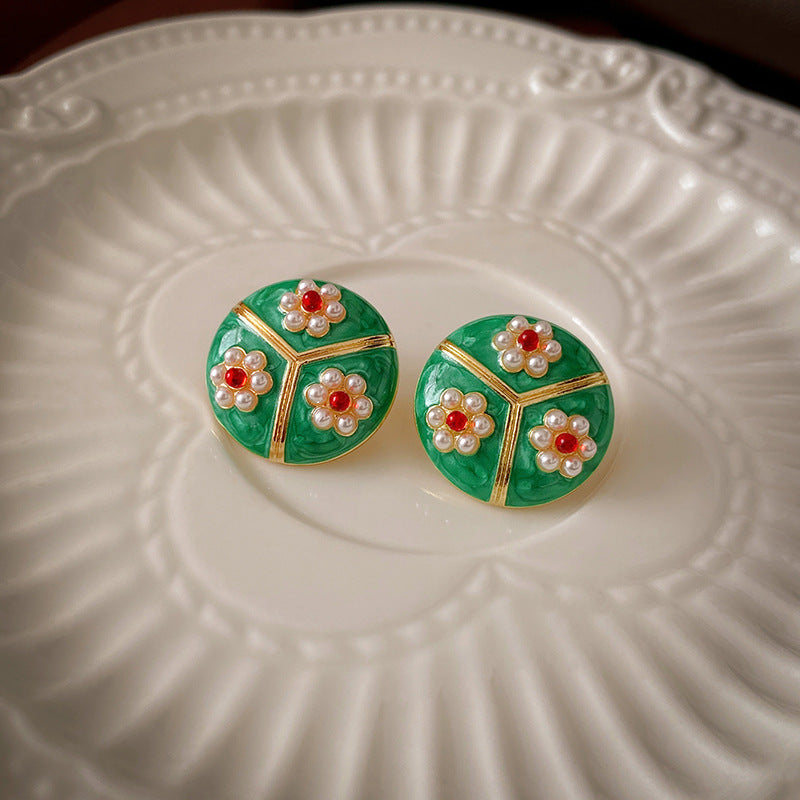 Vintage Floral Round Enamel Pearl Stud Earrings in Alloy with Stainless Steel Posts for Women