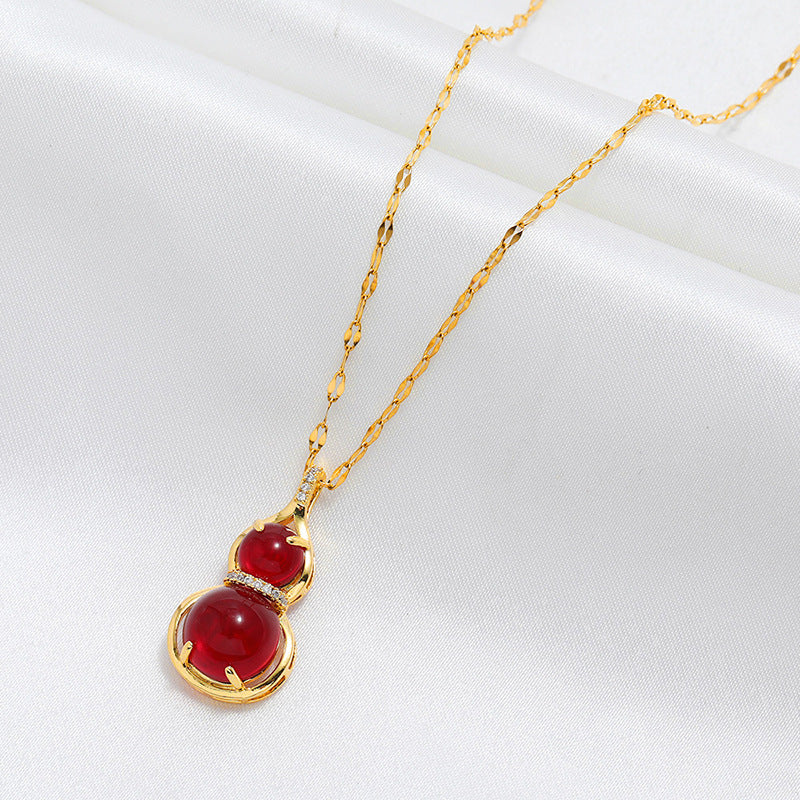 Minimalist Red Calabash-Shaped Titanium Steel Pendant Necklace with Plated Finish for Women