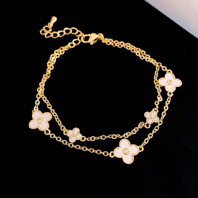 Elegant Floral Geometric Brass Bracelet with Cubic Zirconia Inlay for Women