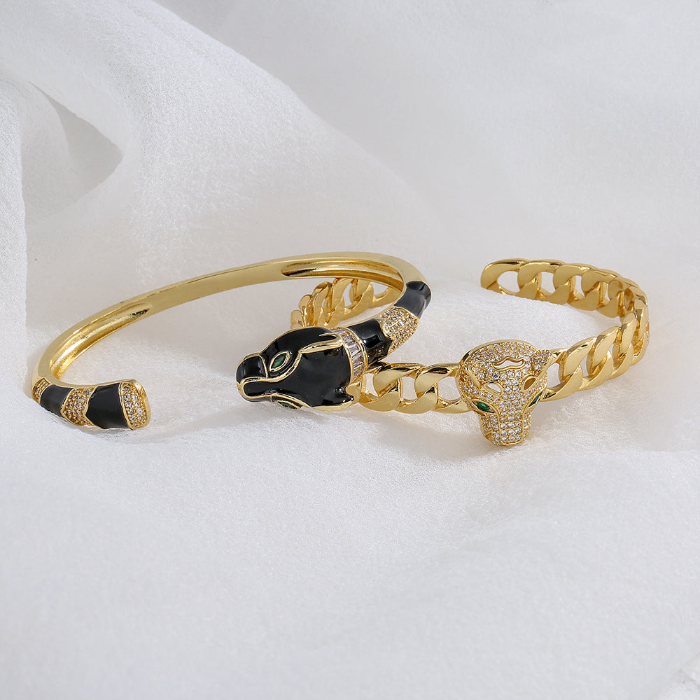 Minimalist Leopard Head Open Bangle Bracelet for Women in Copper with 18K Gold Plating and Enamel Finish
