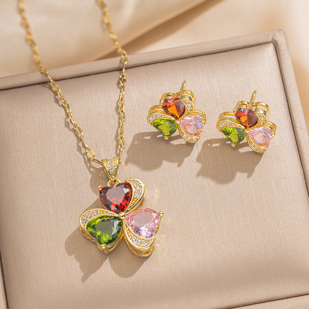 Elegant Minimalist Heart-Shaped Titanium Steel Necklace and Earrings Set with Rhinestone Inlay for Women