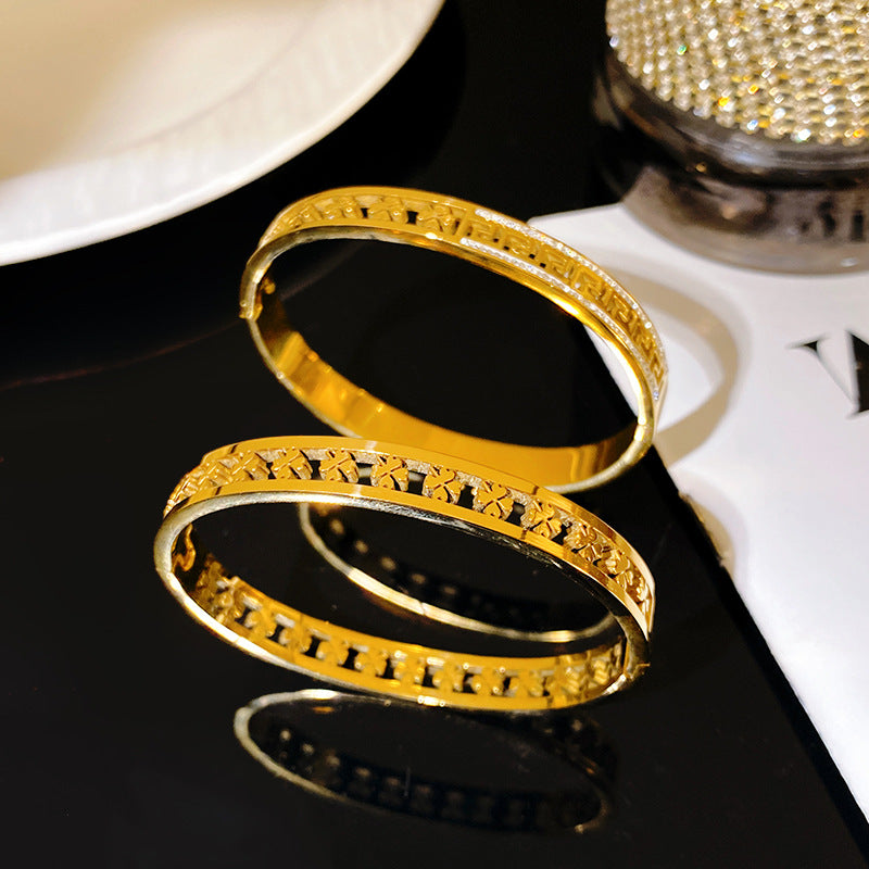 Luxury Paved Rhinestone Greek Key Hollow Clover Titanium Steel Bracelet for Women