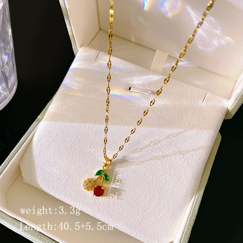 Sporty Sweet Gold Plated Brass Cherry Pendant Titanium Steel Necklace for Unisex