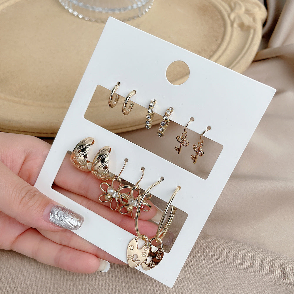 Sweet Geometric Heart Butterfly Alloy Stud Earrings with Rhinestone Pearl and Drip Oil
