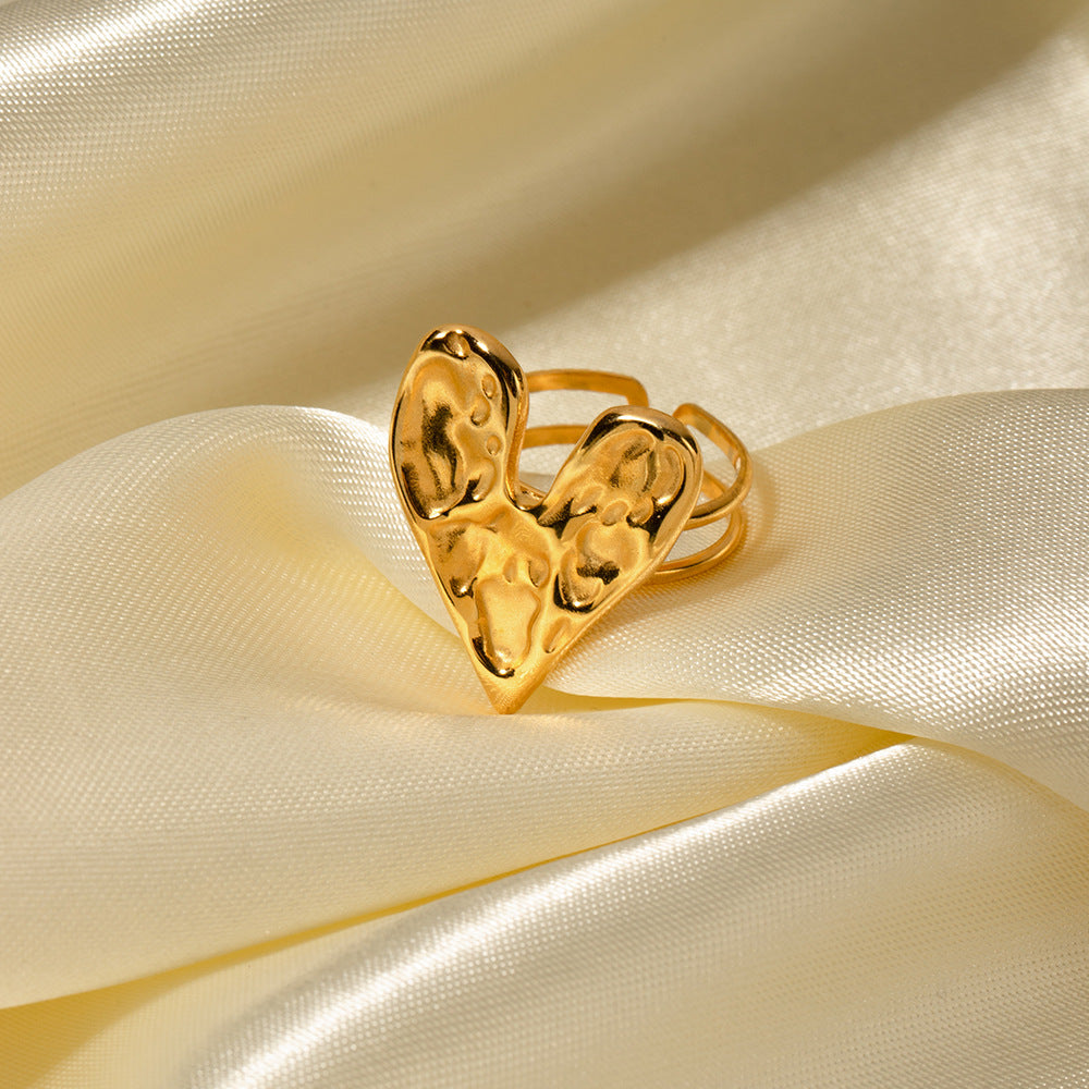 18K Gold Plated Stainless Steel Hammered Heart Ring Double-Sided Geometric Women's Jewelry