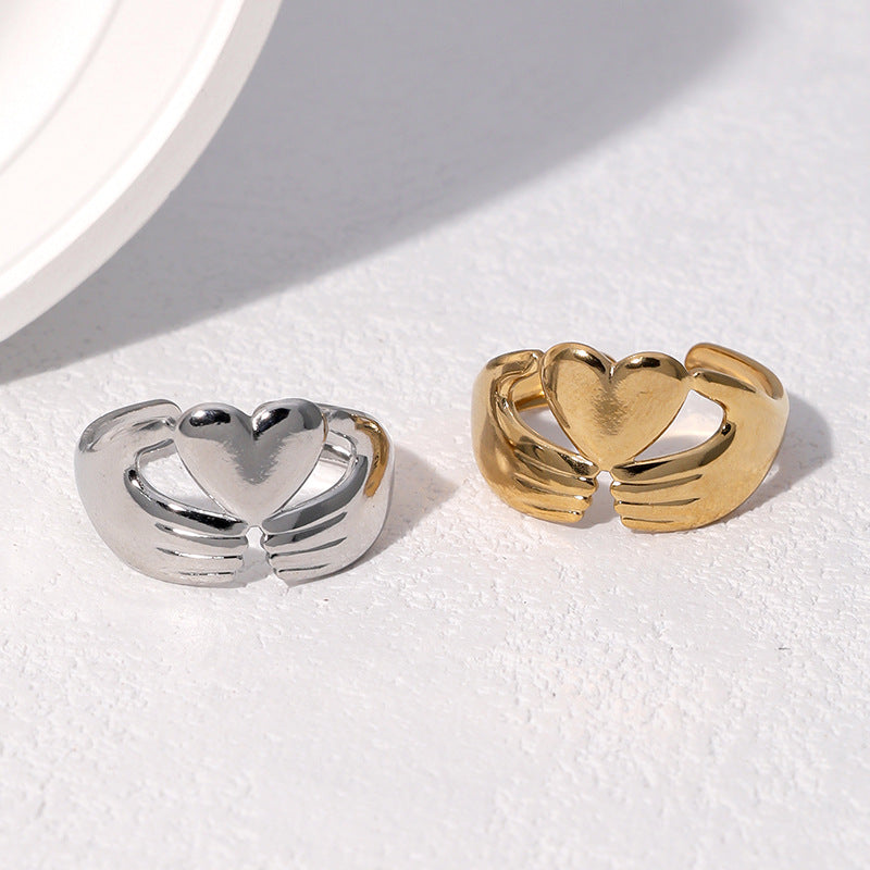 Minimalist 18K Gold Plated Stainless Steel Heart Open Ring for Women