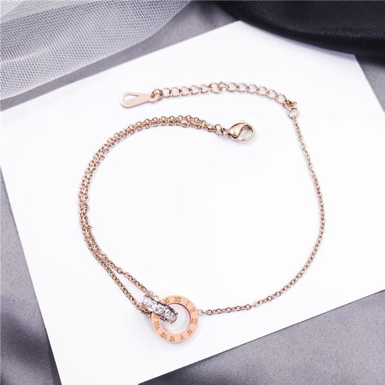 Fashion Double Ring Letter Anklet for Women 18K Rose Gold Plated Titanium Steel Jewelry