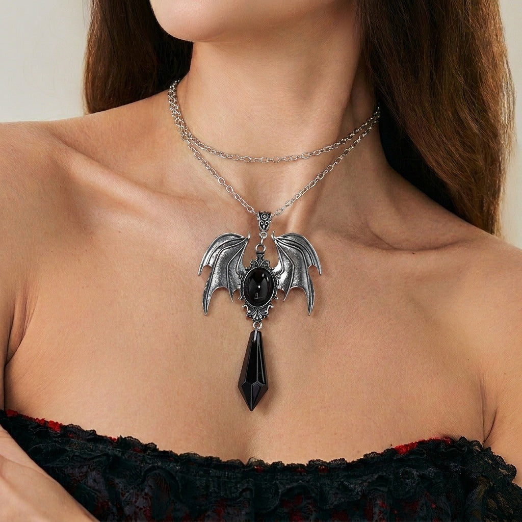 Vintage Gothic Geometric Bat Crystal Inlay Alloy Plated Pendant Necklace and Earring Set