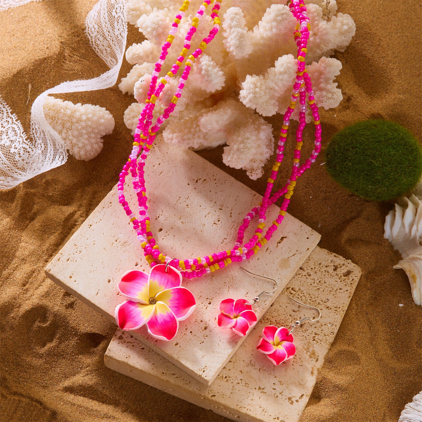 Sweet Handmade Floral Resin and Glass Bead Necklace and Earring Set for Women