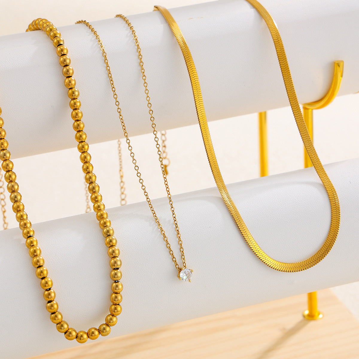 18K Gold Plated Stainless Steel Geometric Cubic Zirconia Pendant Snake Chain Necklace for Women