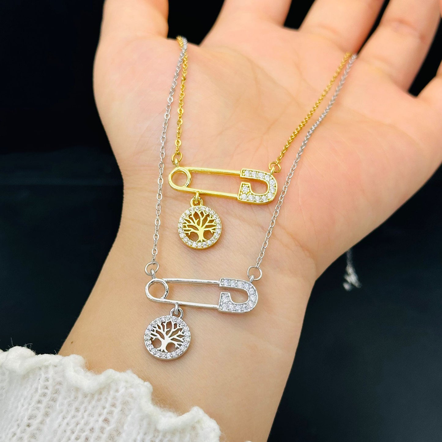 Minimalist Double Layer Tree Pendant Necklace 18K Gold Plated Titanium Steel O-Chain for Women