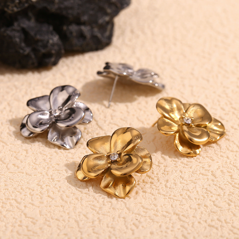Vintage Floral Double-Layer Rhinestone Stud Earrings for Women in Stainless Steel with 18K Gold Plating