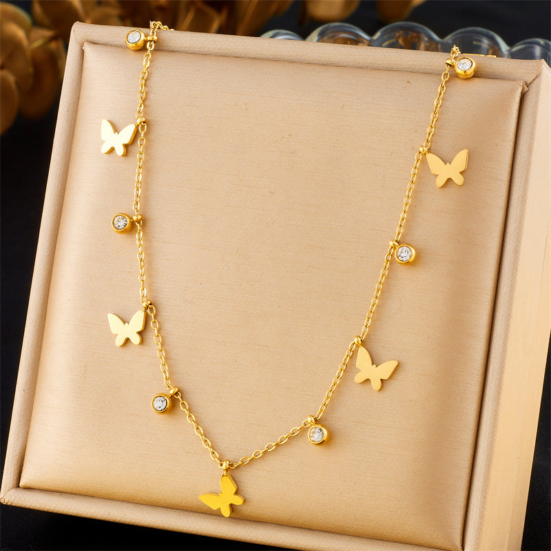 Minimalist Gold Plated Stainless Steel Butterfly Round Crown Eye Pendant Necklace and Bracelet Set for Women