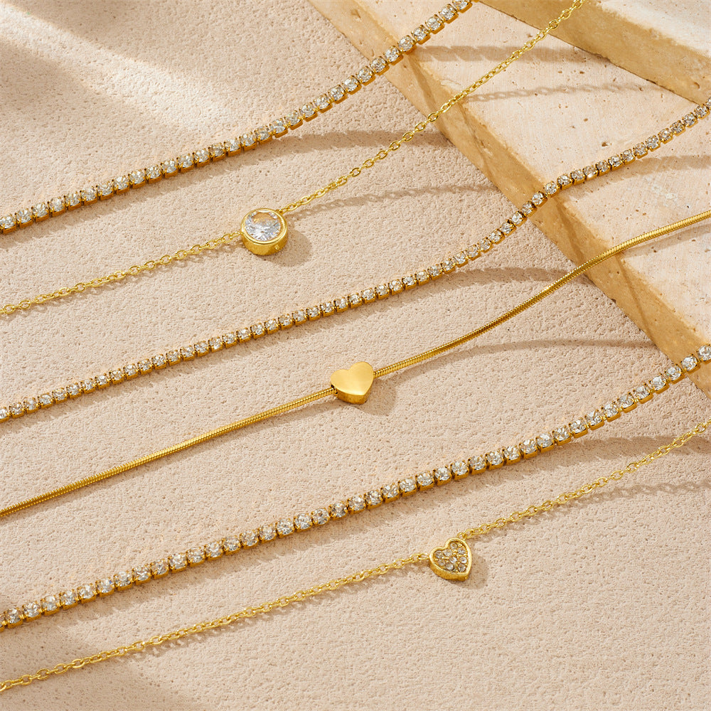 Minimalist Elegant Round Heart Rhinestone Inlay Stainless Steel Double Layer Necklace for Women