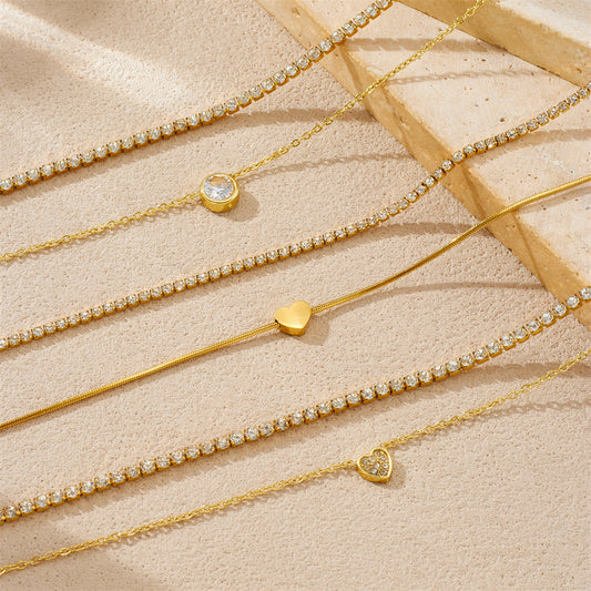 Minimalist Elegant Round Heart Rhinestone Inlay Stainless Steel Double Layer Necklace for Women
