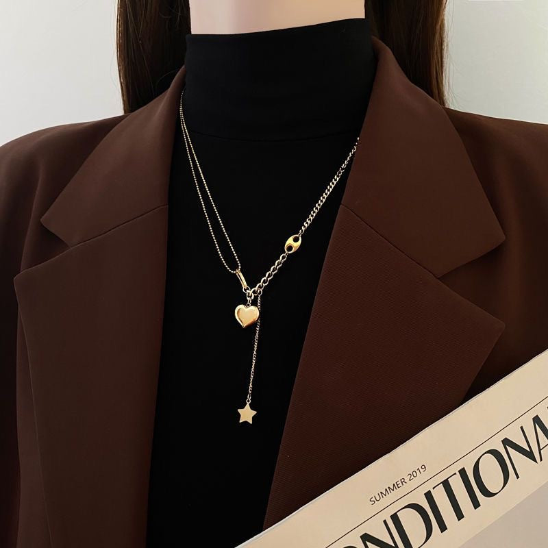 Hip-hop Titanium Steel Heart Star Pendant Necklace with Tassel for Women