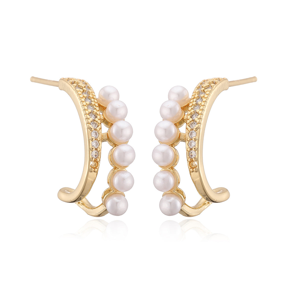 Elegant Geometric Brass Gold Plated Cubic Zirconia Pearl Stud Earrings for Women