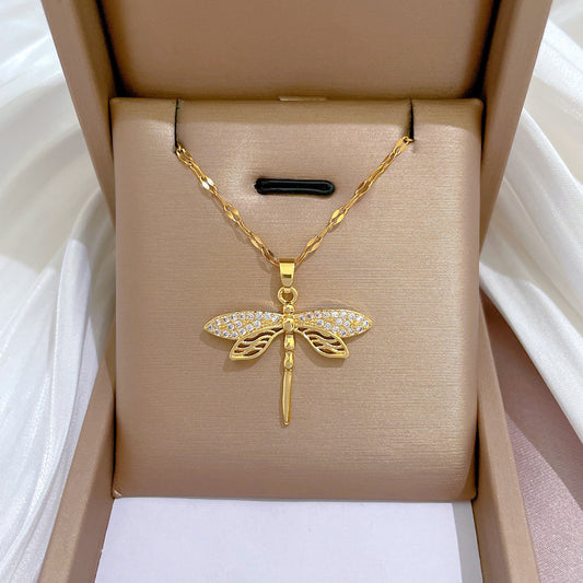 Luxury Butterfly Geometric Titanium Steel Necklace with Rhinestone Inlay for Women Collar Chain Lucky Cloud Pendant