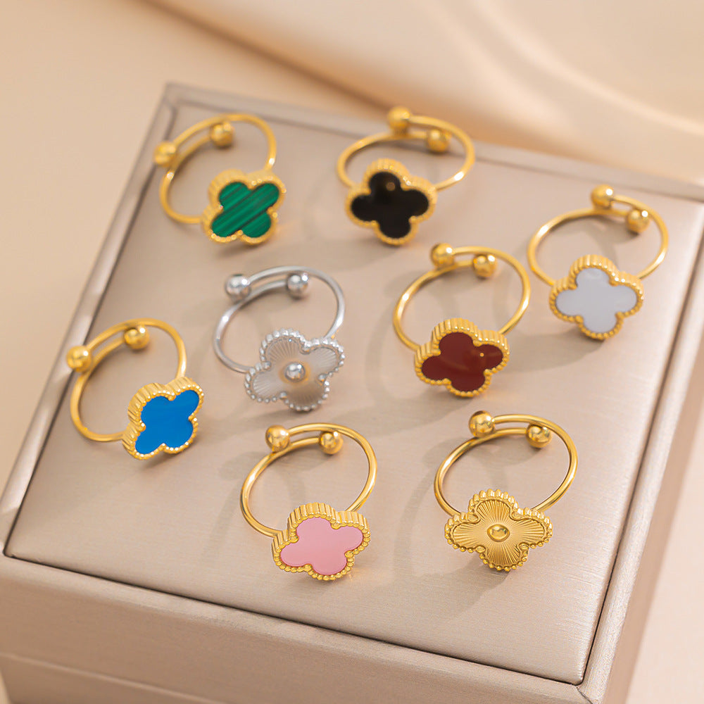 Minimalist Four-Leaf Clover Titanium Steel Adjustable Ring for Women with Hypoallergenic Plated Finish