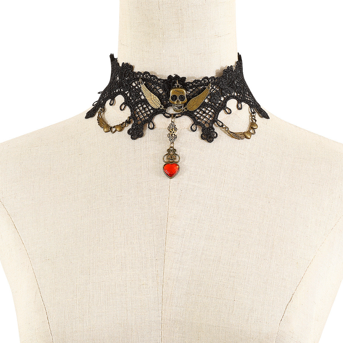 Conjunto de gargantilla y pendientes de encaje gótico atrevido con colgante de calavera de aleación sobre base de hierro con flecos