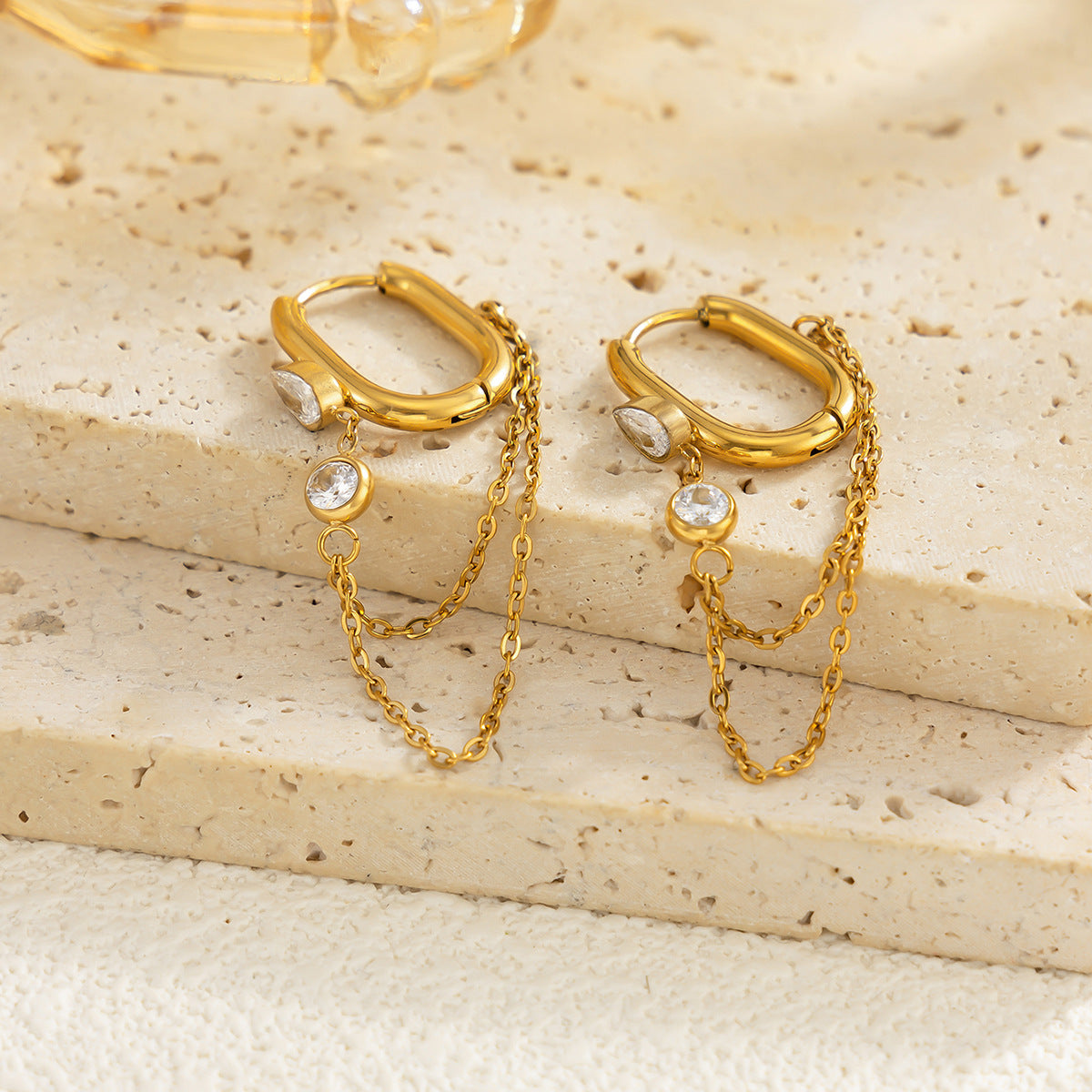 Minimalist Geometric Teardrop PVD Stainless Steel Chain Rhinestone Drop Earrings for Women