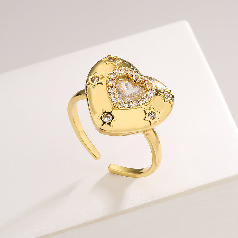 Vintage Geometric Open Ring for Women with Copper Base Plated in 18K Gold and Inlaid with Zircon Heart Accent