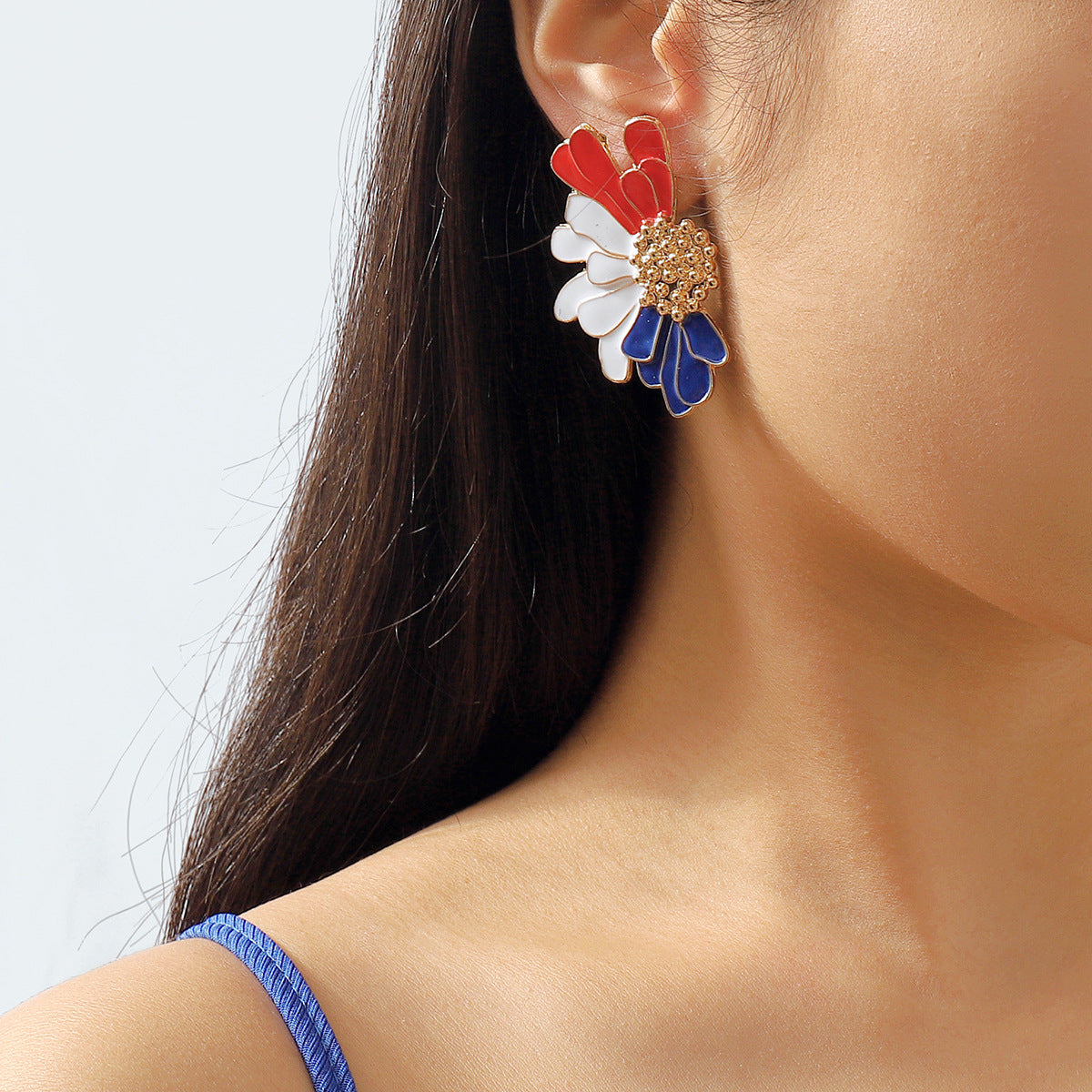 Pendientes de Esmalte Geométricos Adornados con Pedrería en Azul Blanco Rojo para Mujer