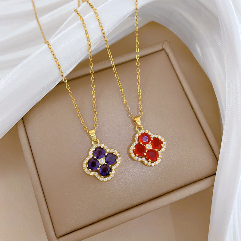 Sweet Full Rhinestone Inlaid Floral Geometric Titanium Steel Necklace with Brass Pendant Cable Chain for Unisex