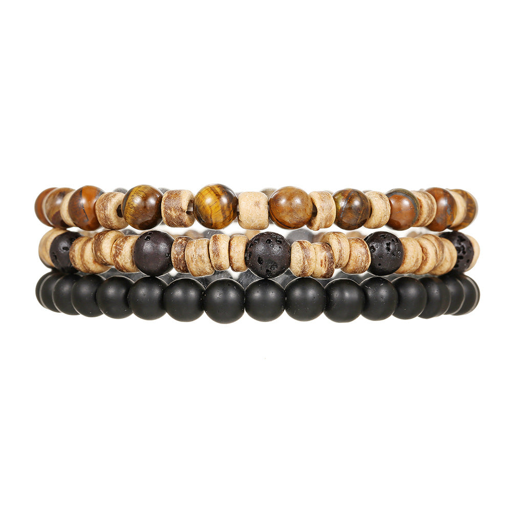 Bracciale elastico da uomo stile vintage con perline in occhio di tigre e legno, design geometrico rotondo