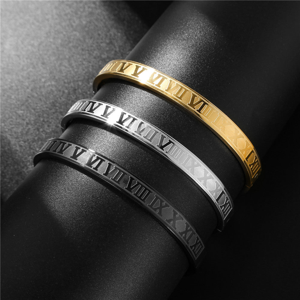 Punk Hip-hop Large Roman Letter Geometric Round Titanium Steel Stainless Steel Plated Open Cuff Bracelet for Unisex