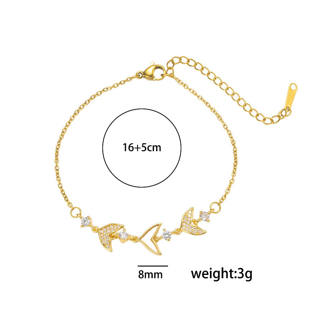 Elegante Pulsera Ajustable de Concha y Cola de Sirena para Mujer con Zirconia Microengarzada en Acero de Titanio con Chapado al Vacío Hipoalergénico