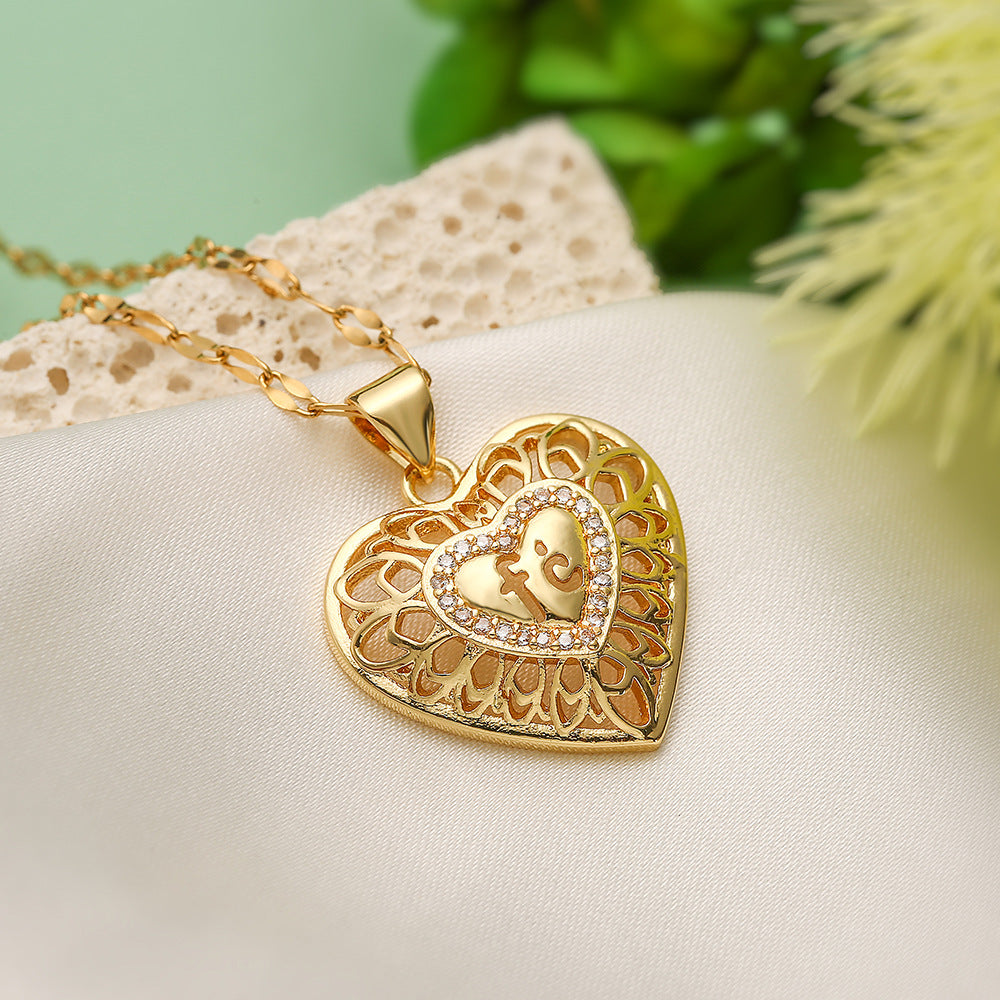 Minimalist Hollow Heart Pendant Necklace for Women in Copper with 18K Gold Plating and Zircon Inlay
