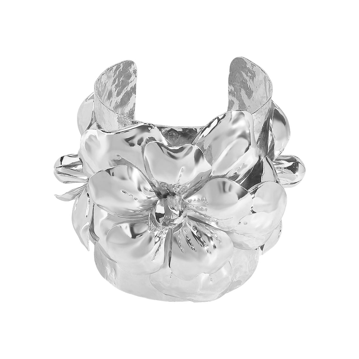 Bracciale a fascia Oversize con Fiore Tridimensionale in Metallo, Finitura Galvanica, Accessorio di Moda Lusso Vintage
