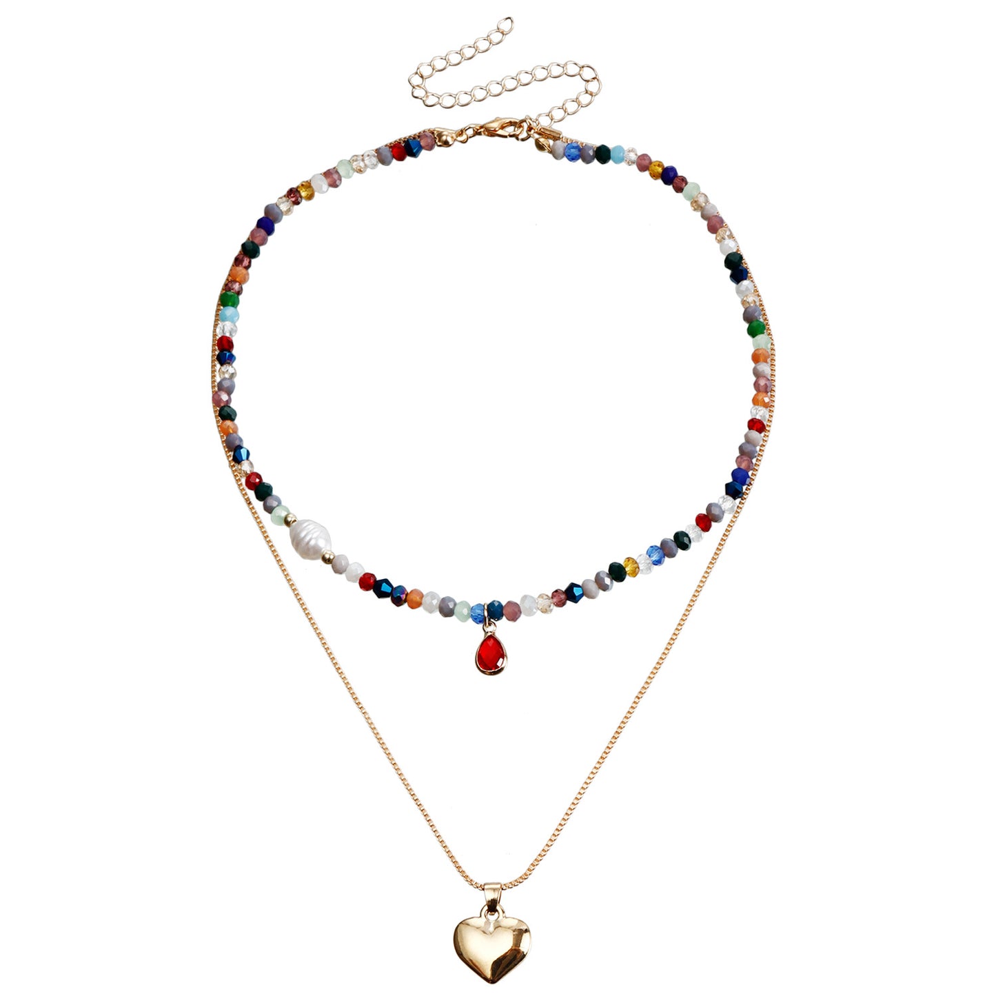 Bohemian Multi-Layer Beaded Necklace with Geometric Shape Alloy Pendant, Electroplated Finish, Fashionable Clavicle Chain for Women