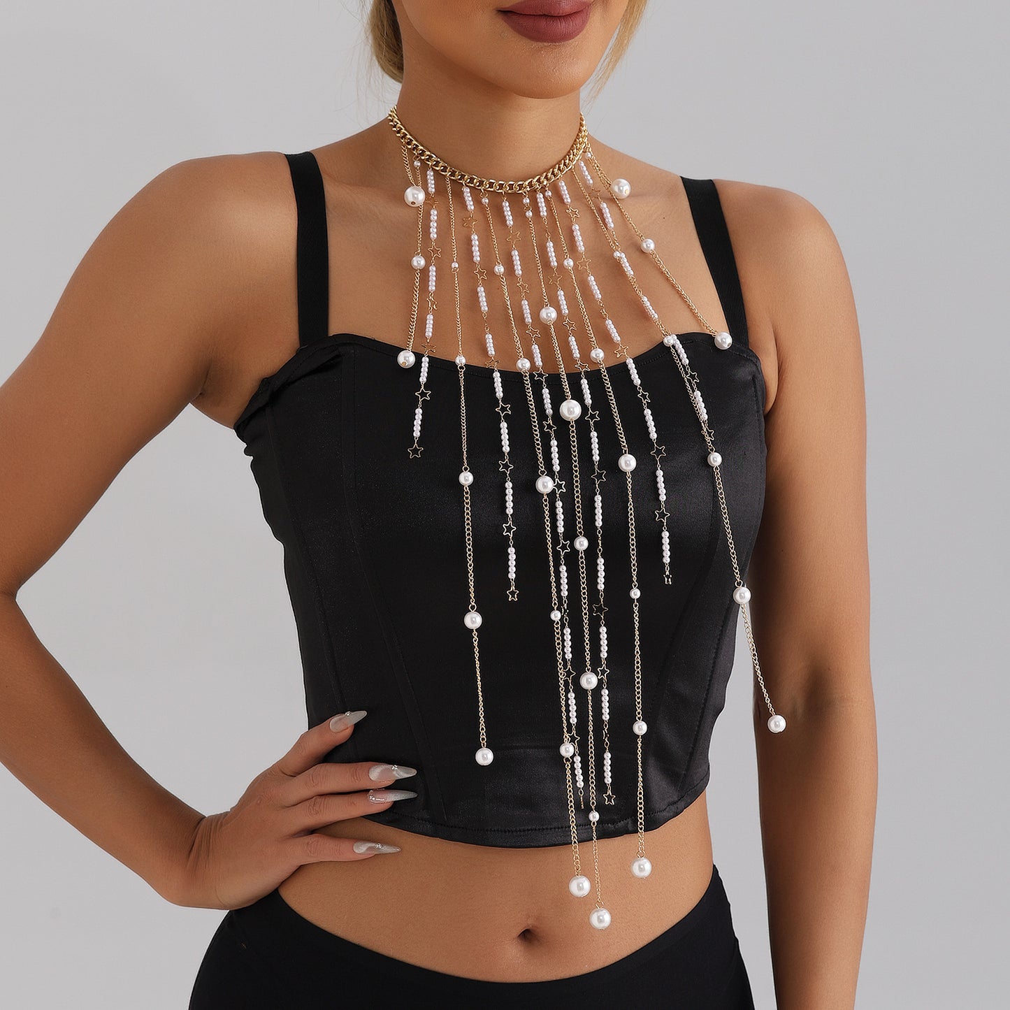 Punk Casual Faux Pearl Tassel Body Chain for Women