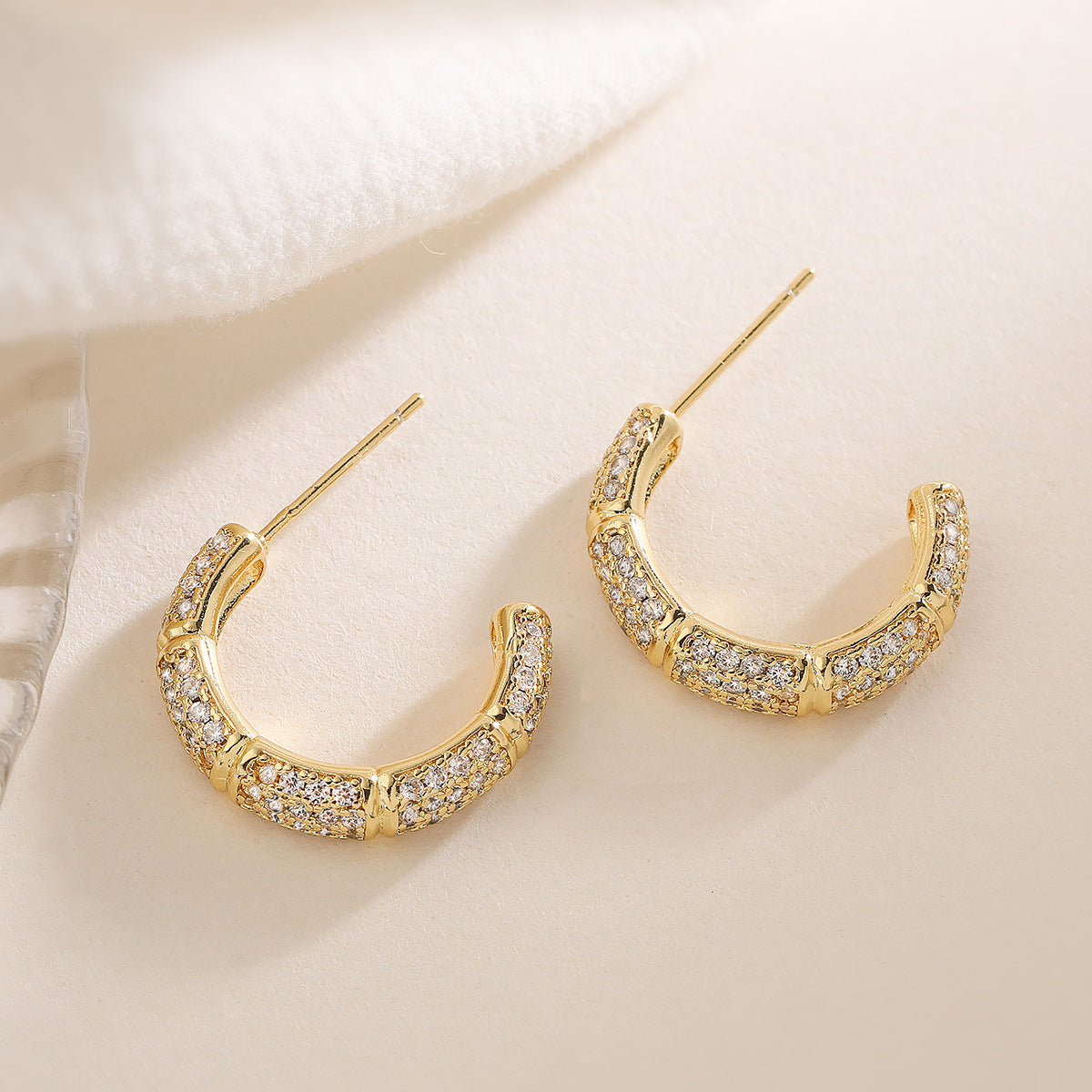 Minimalist Geometric C-Shaped Copper Earrings with 18K Gold Plating and Micro-Paved Zirconia for Women